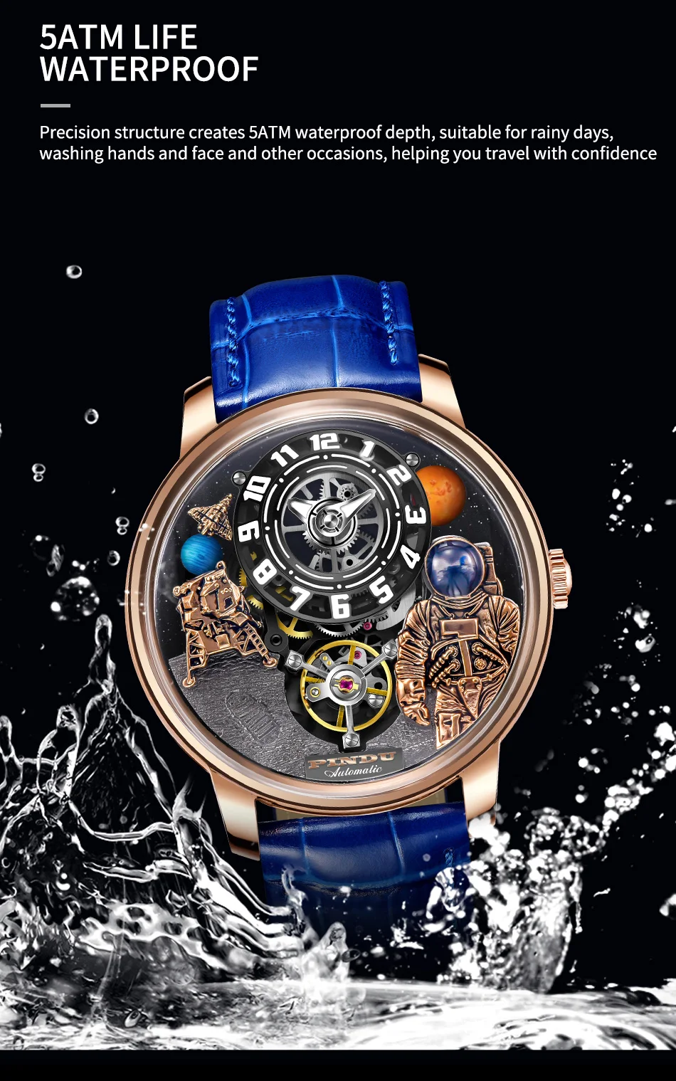 PINDU ファッションメンズ機械式時計天体宇宙飛行士スペースメンズトップブランドの高級時計防水発光レザーストラップ