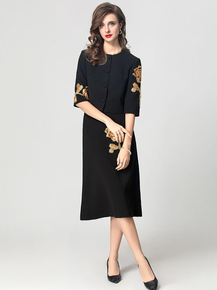 Seasixiang Beading Appliques Suit Women O-Neck Single Breasted Jacket + Skirt Office Lady Two Piece Set Autumn Female New