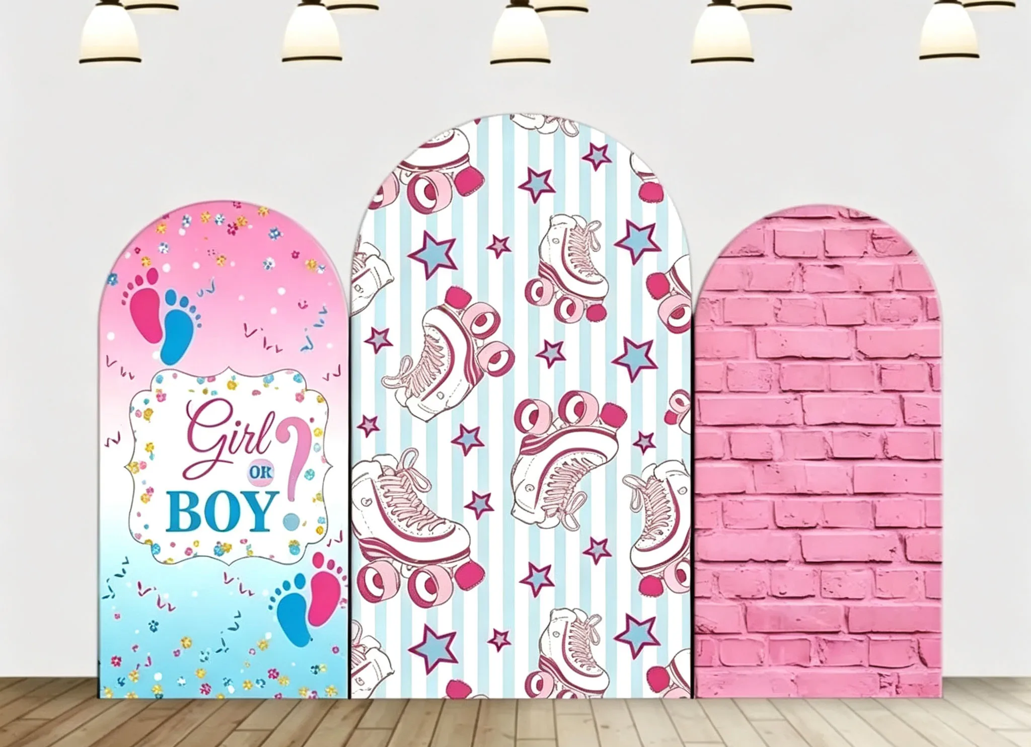 Custom 2-Side Girl or Boy Gender Reveal Baby Shower Arch Backdrop Cover Roller Skates Kids Birthday Party Decor Backdrop Photo