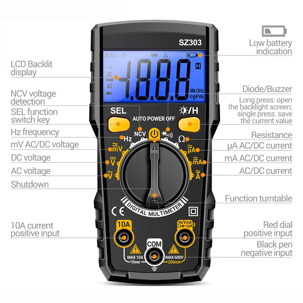 SZ303 Multimetr 1999 Count Cyfrowy tester napięcia AC/DC Rezystancja prądu Wysoka precyzja Profesjonalne narzędzia do testowania elektrycznego