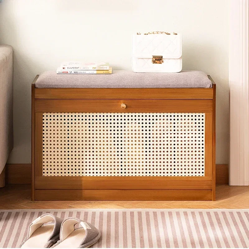 Modern Natural Bamboo Shoe Cabinet - Simple Changing Shoe Stool with Tipping Bucket Storage Soft Cushion Entrance Bench