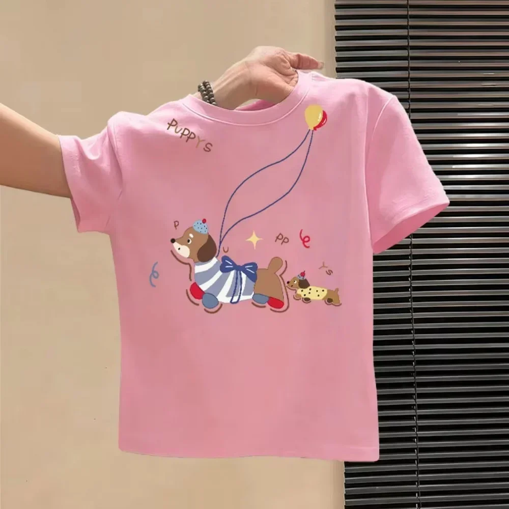 Sweet Hand Drawn Two Happy Dachshunds Balloon Art Print Kids Light Blue Loose Crew Neck Short Sleeve Daily Tee
