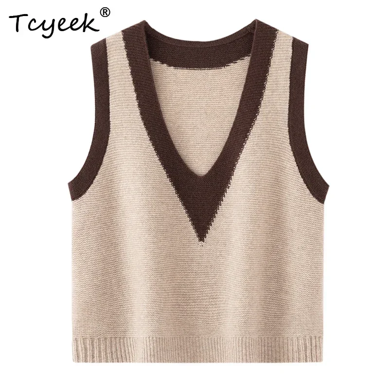 Autumn Winter Basic Vest Sweater Women's Pullover 100% Merino Wool Knitwear Sleeveless Soft Clothes  V Color Blocking Waistcoat