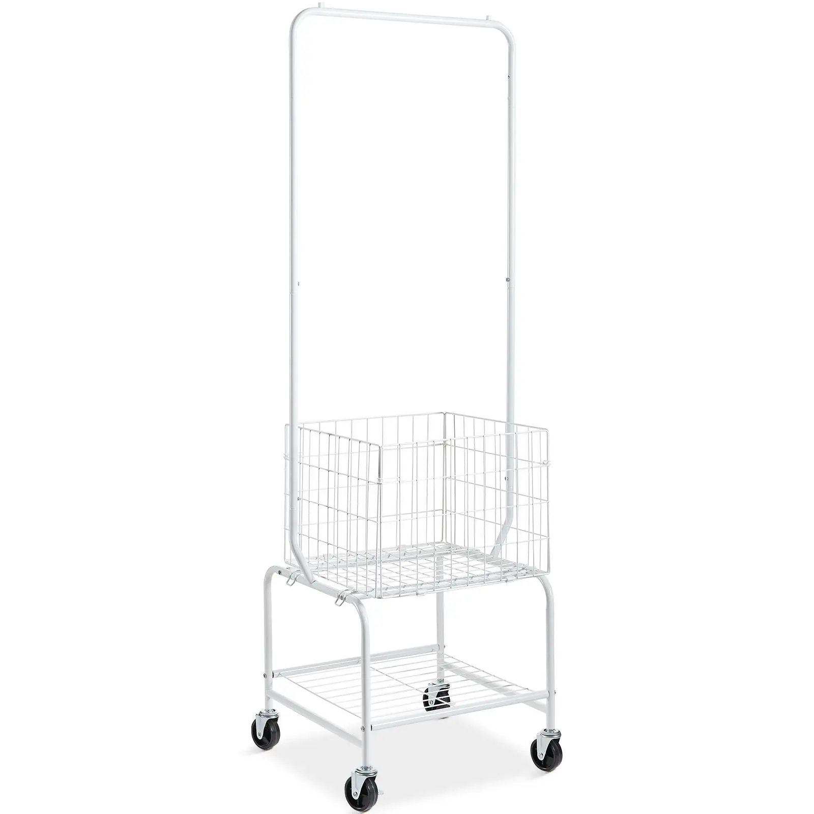 Metal Rolling Laundry Basket with Hanging Garment Rack, Height Adjustment Laundry Hamper Cart with Basket Load and Shelf Load, S