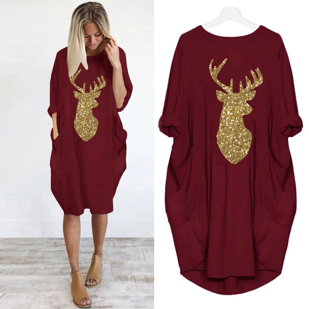 Christmas Elk Loose Dress Long Sleeve Casual Women Clothes for Pregnant Women Vestidos Gravidas Lady Dress Autumn Clothing