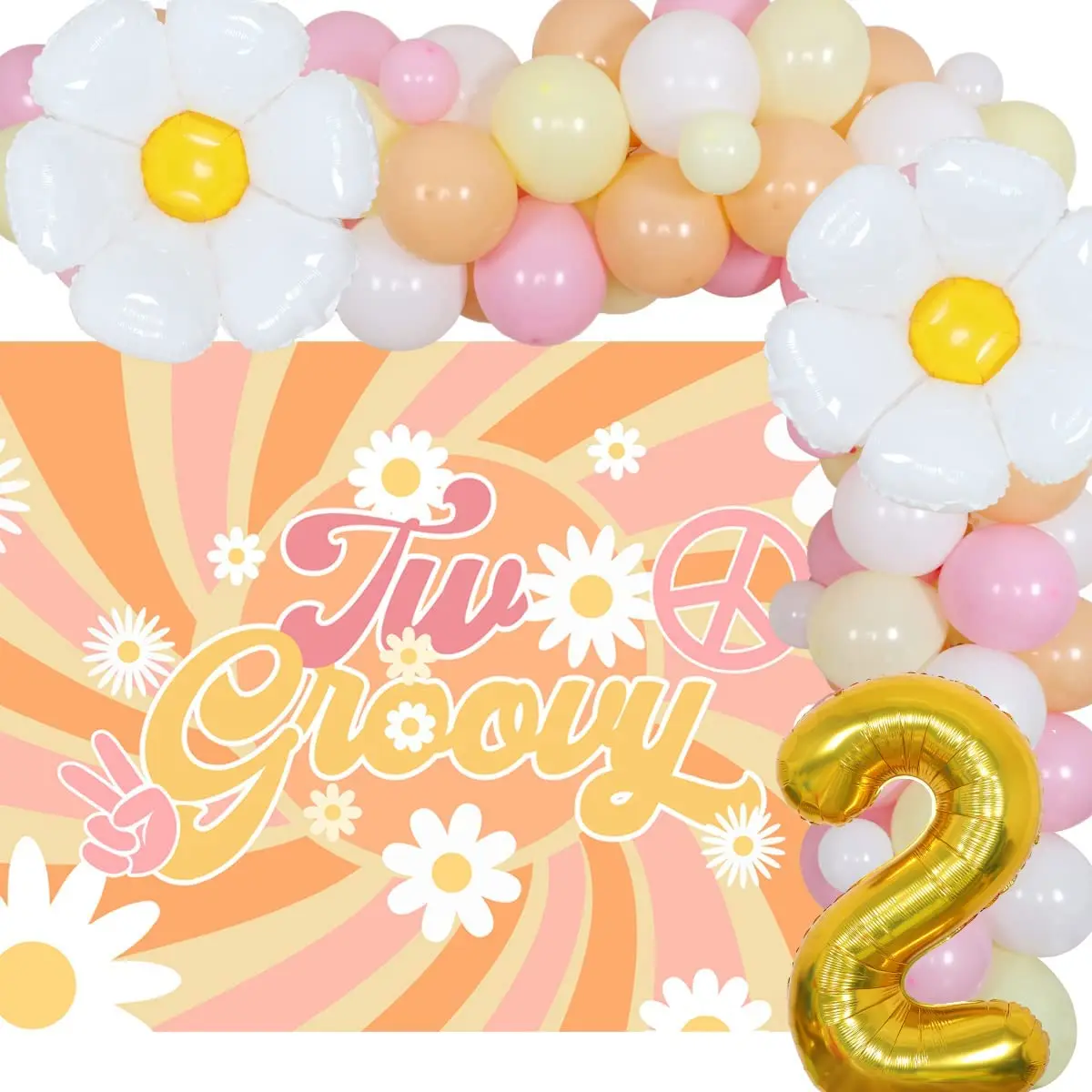 

JOYMEMO Two Groovy Party Decorations for Girl 2nd Birthday with Retro Hippie Balloon Garland Two Groovy Daisy Flower Backdrop