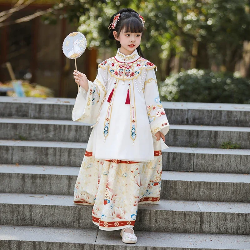 Children Ming Hanfu girls Spring Summer Chinese style Tang suit super Fairy ancient suit 2024 new (with fringe decoration)