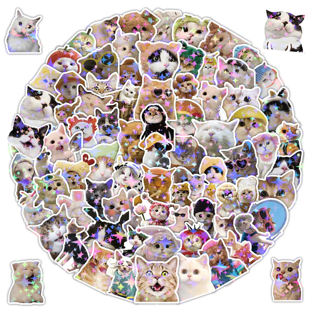10/50/100/200 szt. Urocze naklejki z kreskówkowym kotem laserowym, naklejki DIY na laptopa, telefon, lodówkę, walizkę, do dekoracji pamiętnika, zabawka dla dzieci