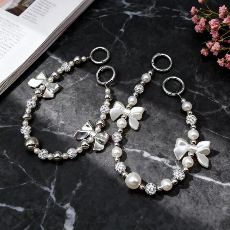 Butterfly Knot Pearl Water Diamond Ball Phone Chain Ins Fashion Women's Wrist Hang Decoration Short Small Fragrant Style Phone C