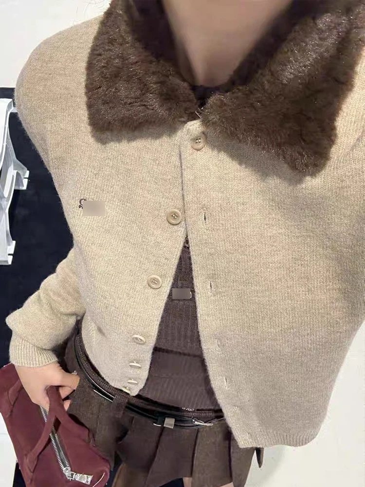 

Теплый вязаный облегающий кардиган с буквенным принтом, женский повседневный кардиган из полиэфирного волокна, длинное пальто свекру, топ с откидным воротником