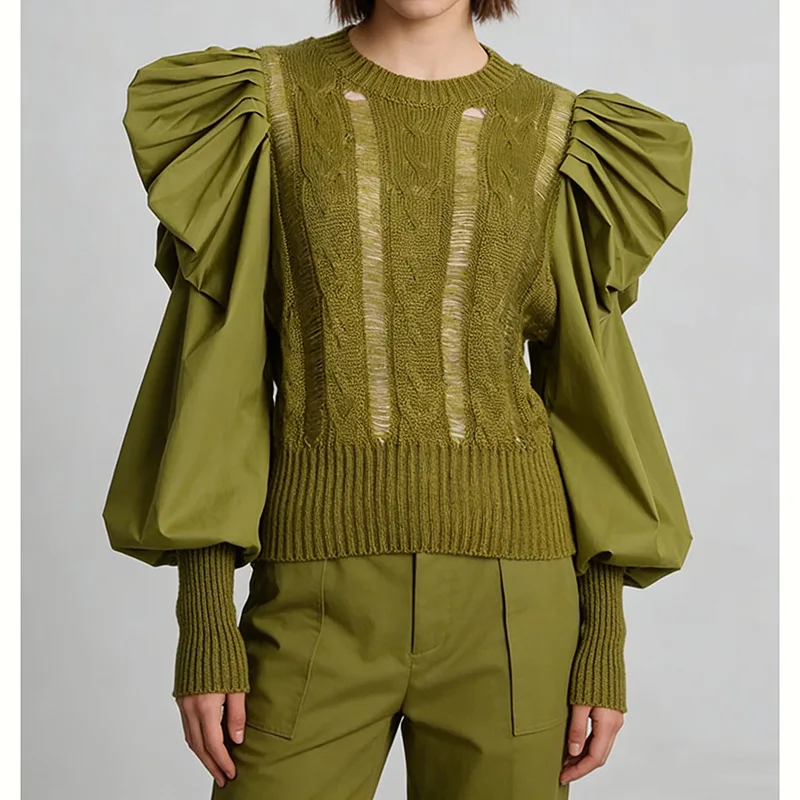 

Женский зеленый пуловер с пышными рукавами и круглым вырезом, модный пуловер в стиле пэчворк