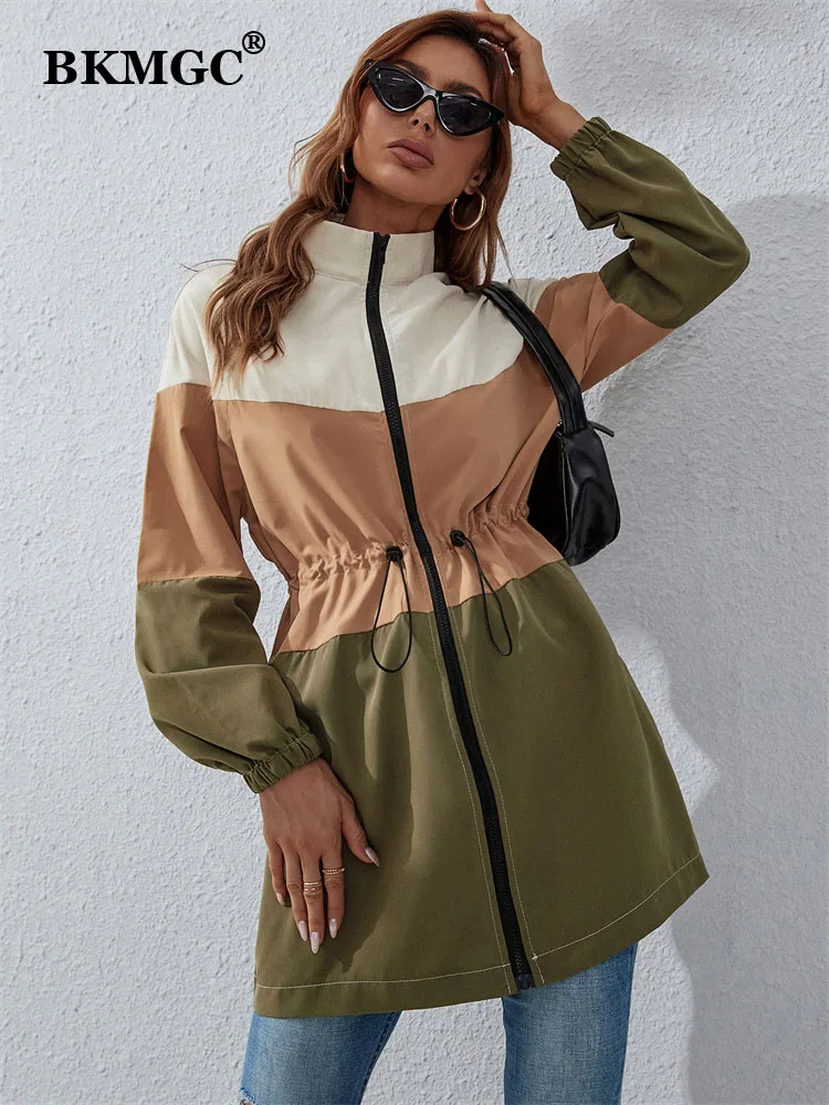 BKMGC Spring Autumn 2022 Streetwear Green Brown Beige Wide Strips Zipper Hight Waist Long Coat Windbreaker Jacket for Women 2238