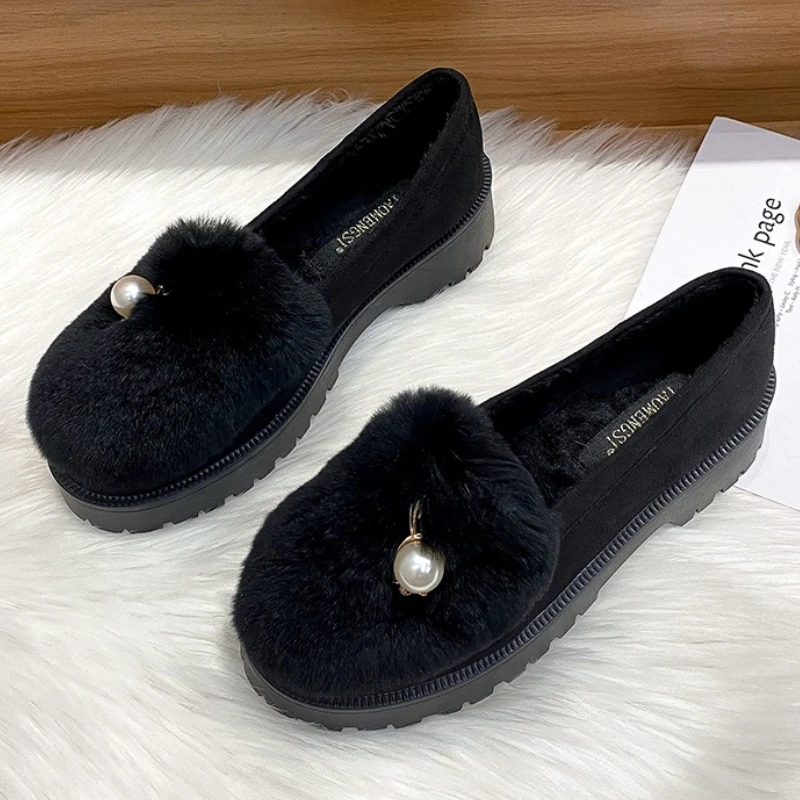 Retro Faux Suede Fluffy Warm Loafers Women Pearl Design Comfort Home Flats Ladies Lightweight Anti-slip Round Toe Designer Shoes