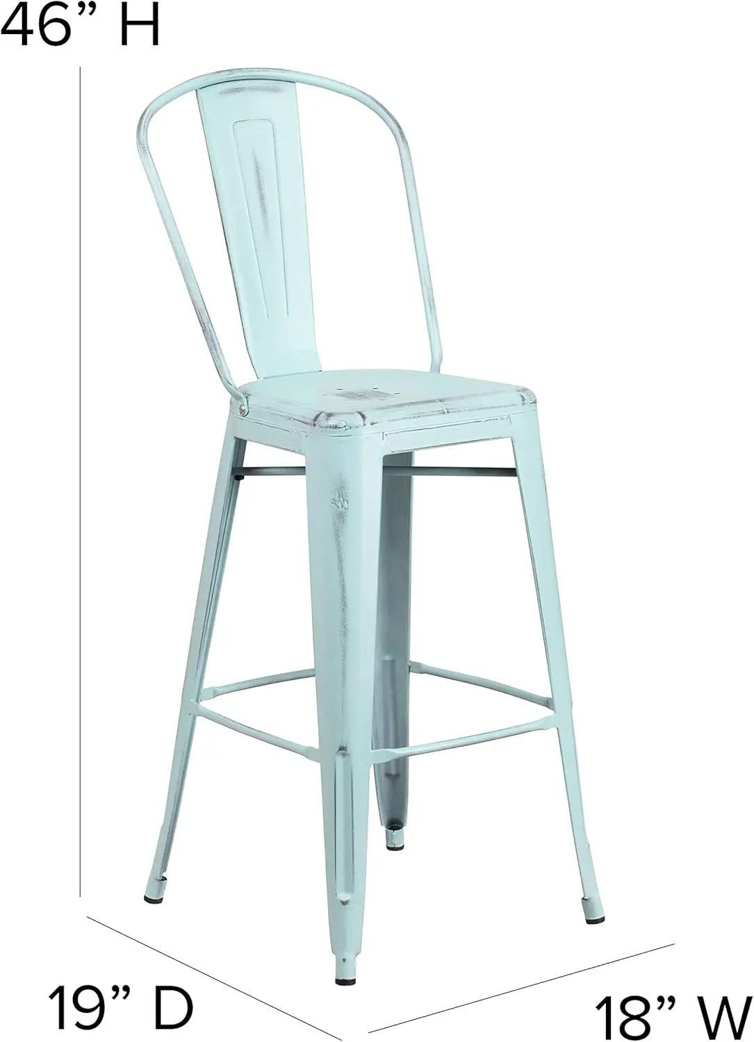 Handels üblicher 30 "" High Distressed Green-Blue Metall Indoor-Outdoor Barhocker mit Rückenlehne