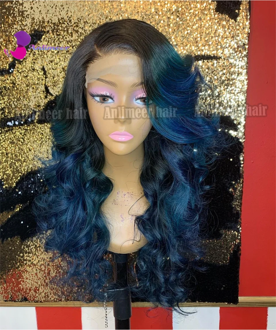 Ombre Blue Lace Front Wig Human Hair Right Side Part 13X6 Frontal Wig 100% Human Hair Lace Front Wigs Dark Blue Human Hair Wig