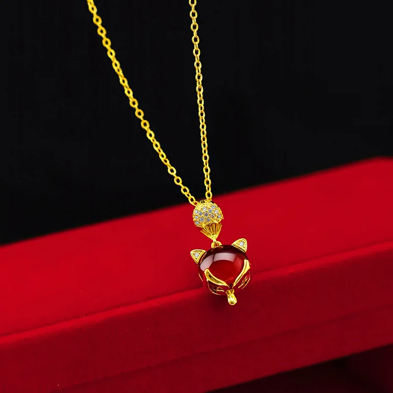 Simulated Real 14K Gold Color Women's Red Fox Necklace Bracelet Ring Three-Piece Set Japanese and Korean Fashion Fox Ring