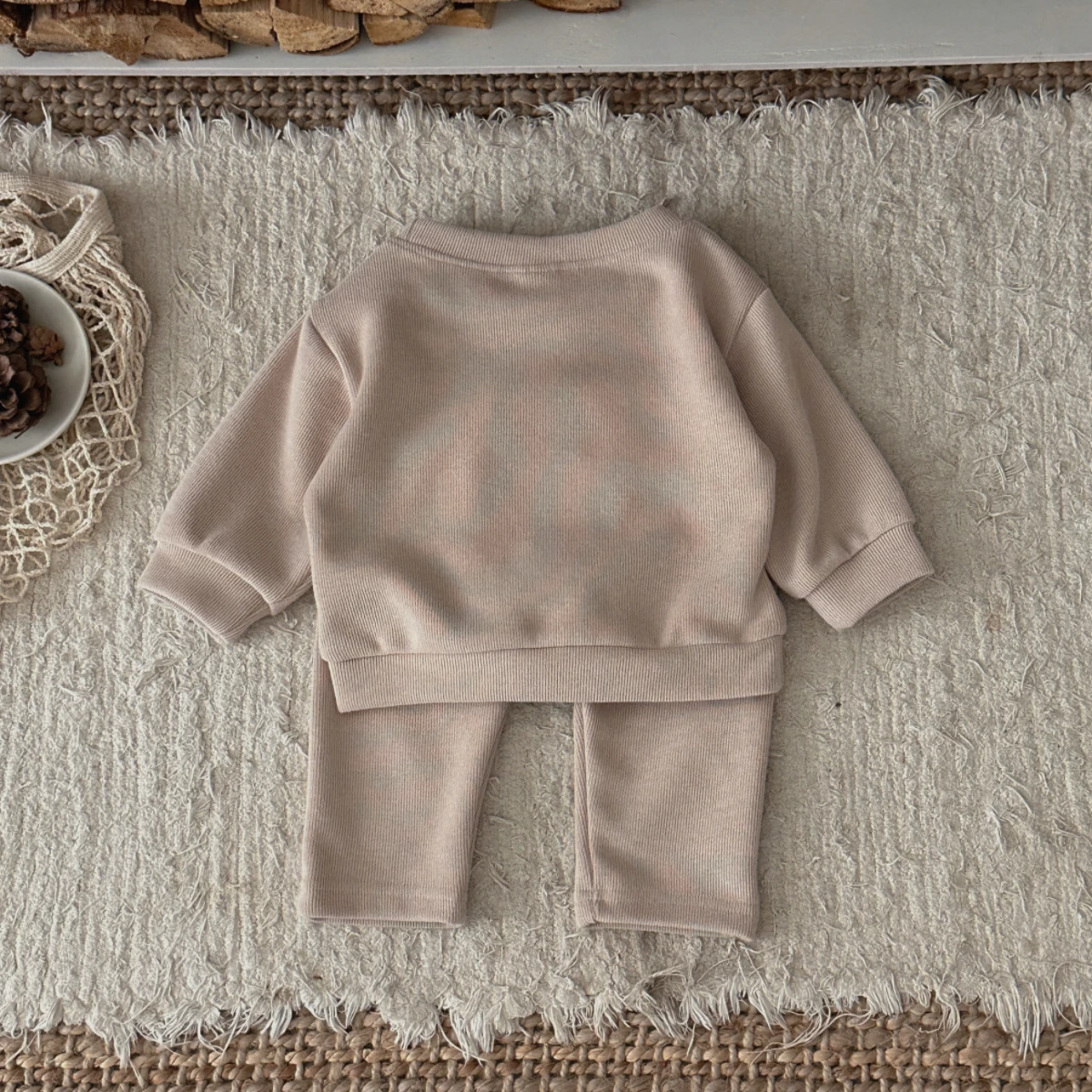 Korean Cute Toddler Cartoon Popcorn Applique Outfit, Light‑Coffee Ribbed Knit Long‑Sleeve Top & Pants 2‑Pcs Suit