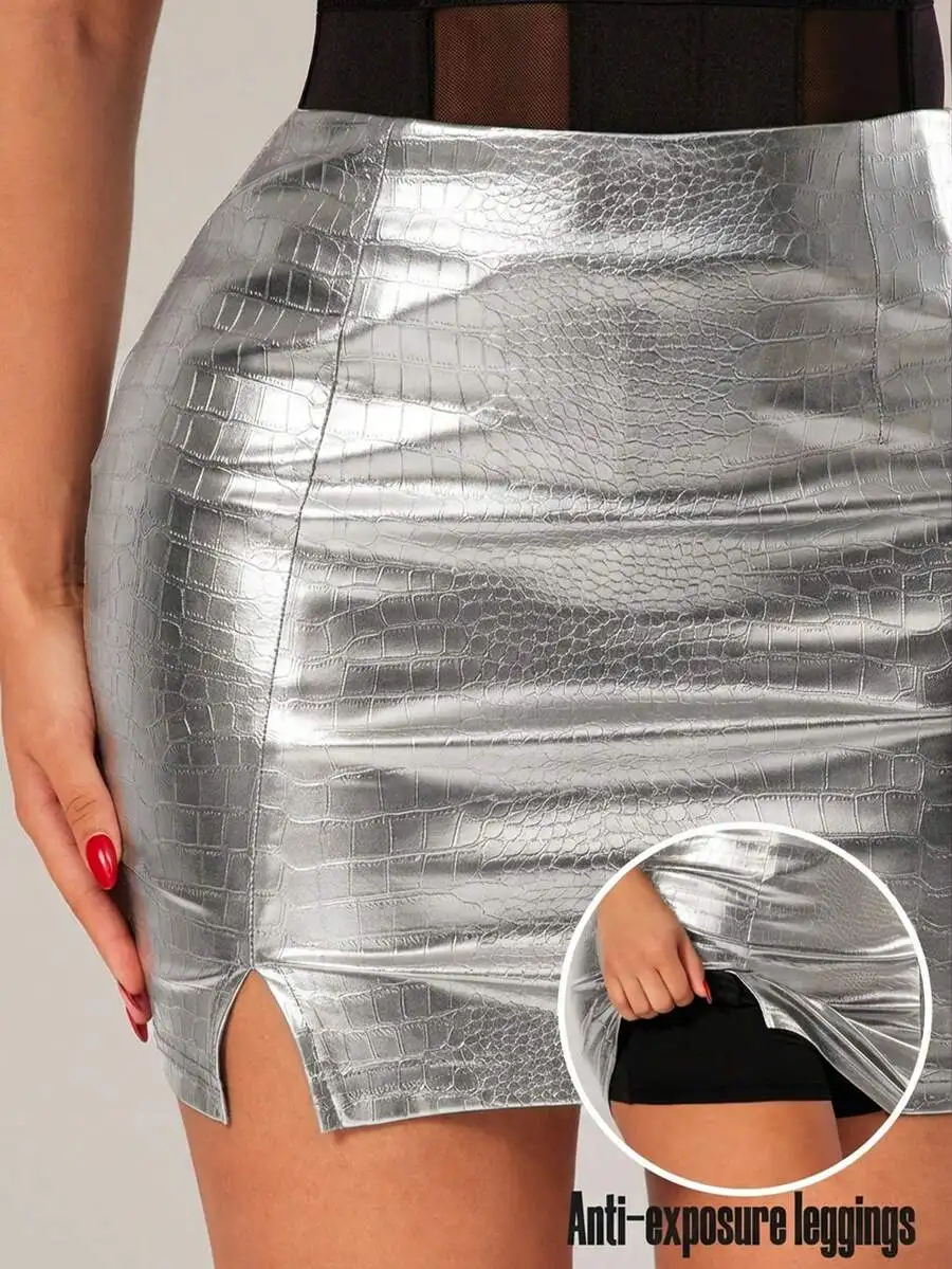 

Women Solid Color PU Leather Bodycon Mini Skirt With Side Slit