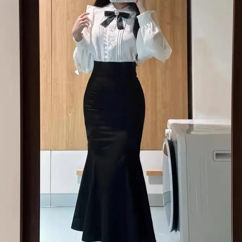 Women Gothic Y2K Lolita 2 Piece Set Bow White Shirt and Fishtail Skirt Slim Outfit