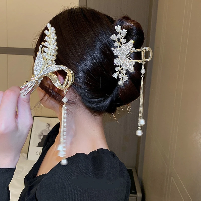 Korea Elegant Lily of The Orchid Flower Grab Clip Retro Women\'s Pearl Fringe Ponytail Claw Clip Girl Hair Decorative Headwear