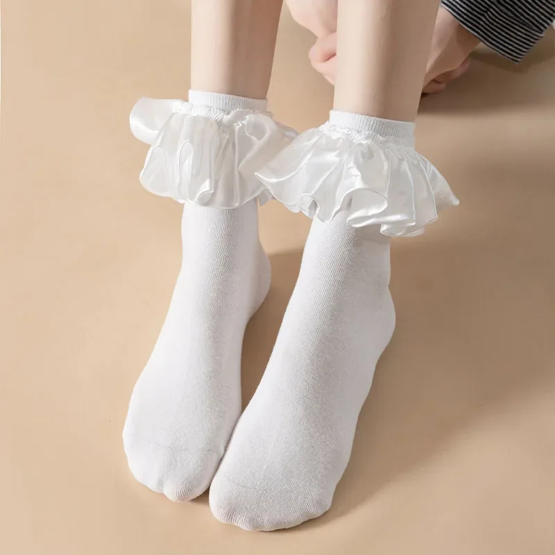 Lolita Kawaii Ruffle Socks Women JK Sweet Girls Cute Princess Socks Japanese Fashion Solid Color Black White Elastic Long Socks