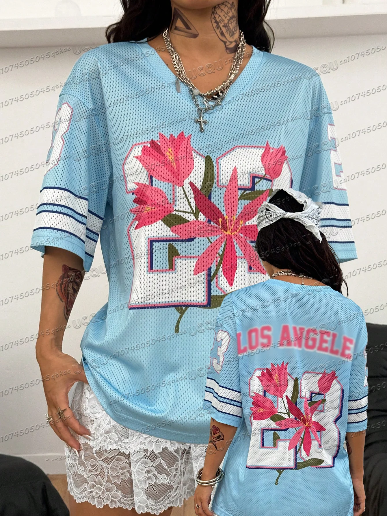 

Summer Women'S Blue Mesh T-Shirt Lily Pattern Short Sleeved V-Neck Loose Trendy Outfit Essential Casual Top For Beach Vacation