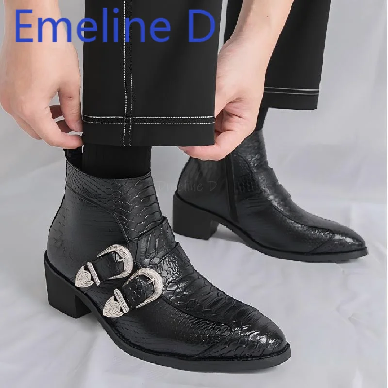 Sharp Pointed Crocodile Patterned Chelsea Boots Fashionable British Style Side Zipper Double Buckle Black High Top Leather Boots