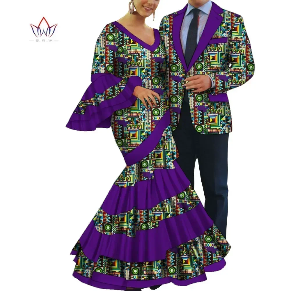 2pcs Set African Dresses for Women Bazin Riche Women Party Dress Mens Blazer Men Casual Tops Couple Lover Wedding Clothes WYQ813