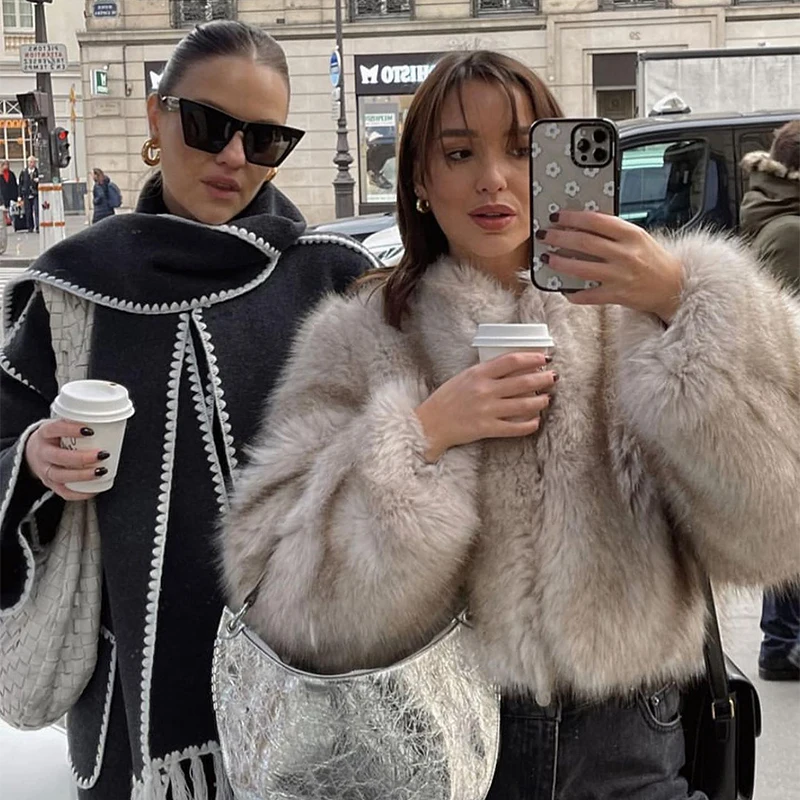 Icônico casaco de pele sintética cortado na rua para mulheres, marca de luxo, Gardient, inverno, garotas legais, jaqueta curta fofa, moda, semana, quente, 2024