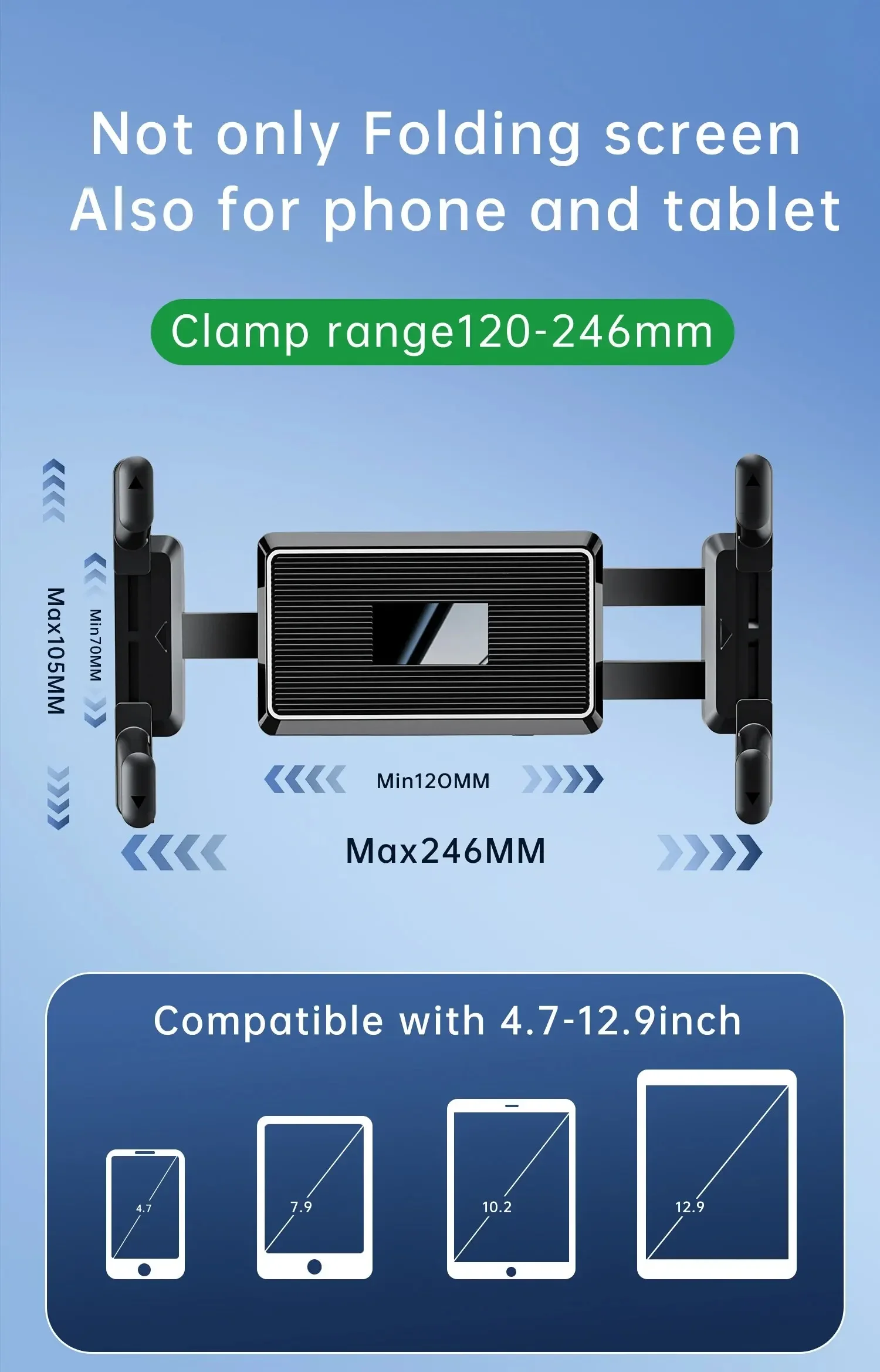 Auto-Lüftungsgitter-Tablethalter, universelle Handyhalterung für 7-12,9 Zoll iPad, 4-7 Zoll faltbarer Bildschirm, verstellbare Klemmhalterung – Detail 9