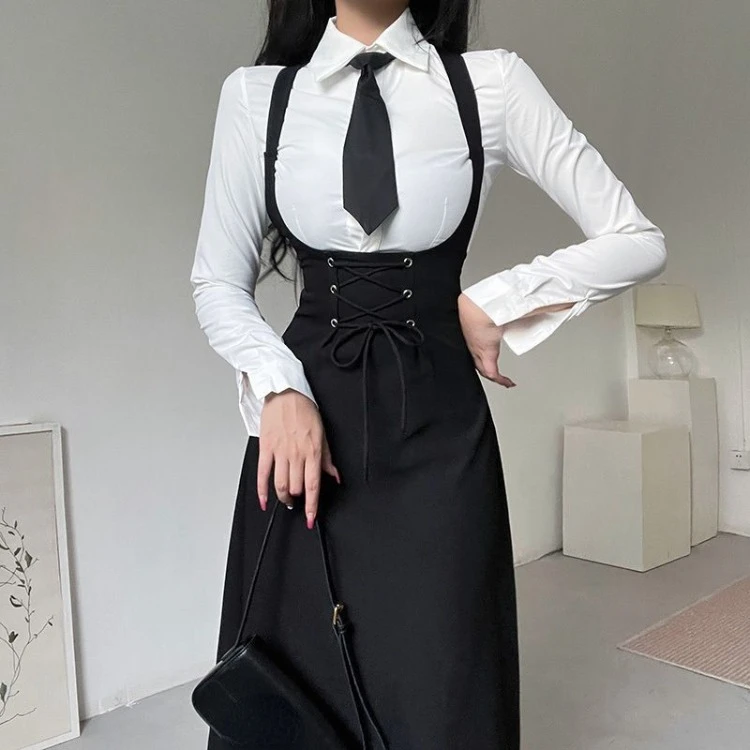 Simple Lapel Neck Long Sleeve White Shirts Women+ Sexy Slim Waist Lace Up Strap Dress 2024 Early Autum New Two Piece Sets