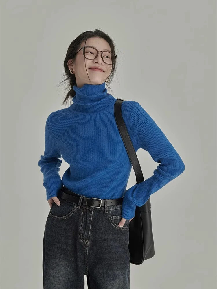 

Cozy Klein Blue High Neck Knitted Sweater Women's Base Layer Shirt Spring Autumn Outerwear Warm Inner Match Winter Top