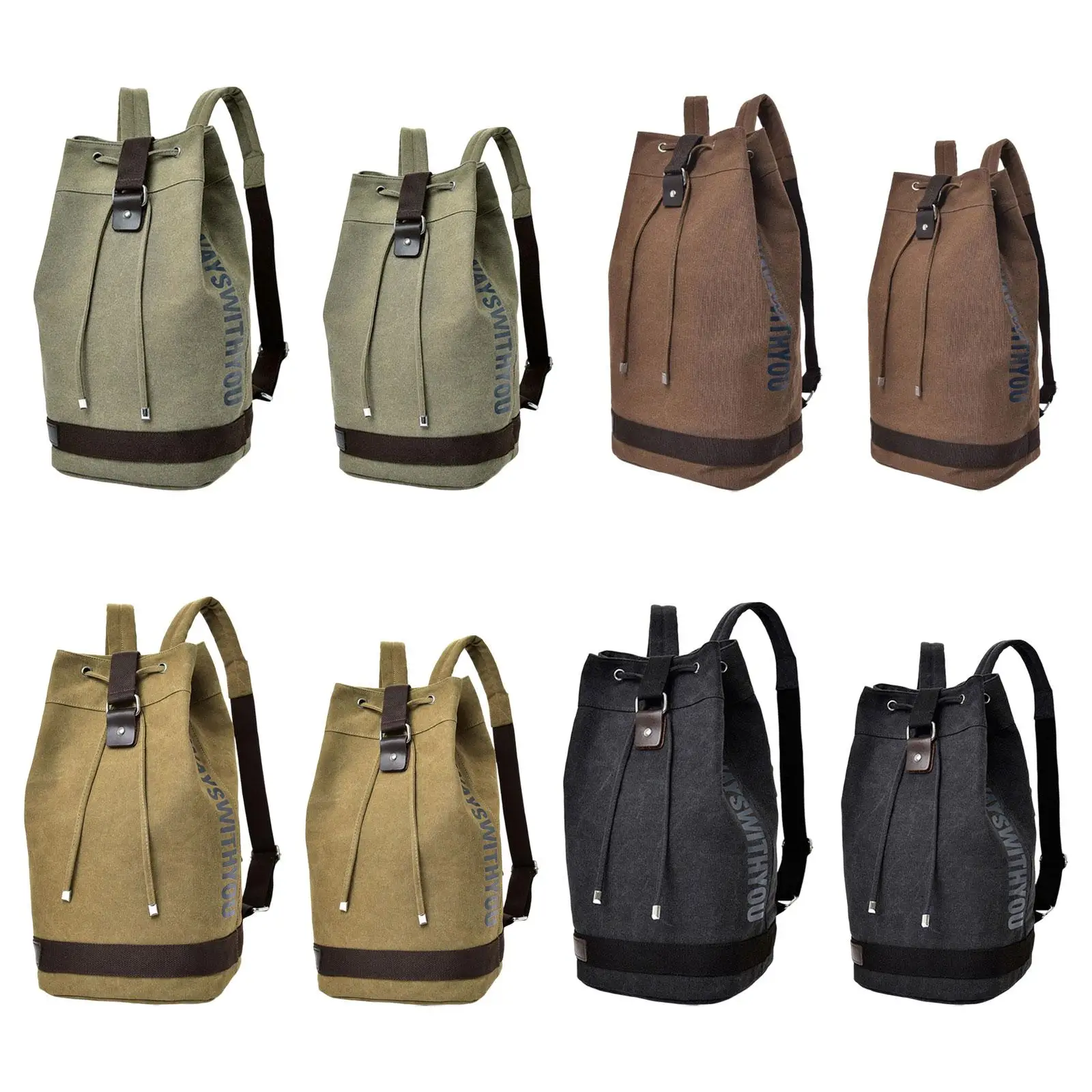 Canvas Backpack Drawstring Bucket Bag Rucksack Shoulder Bag for Hiking Men Women