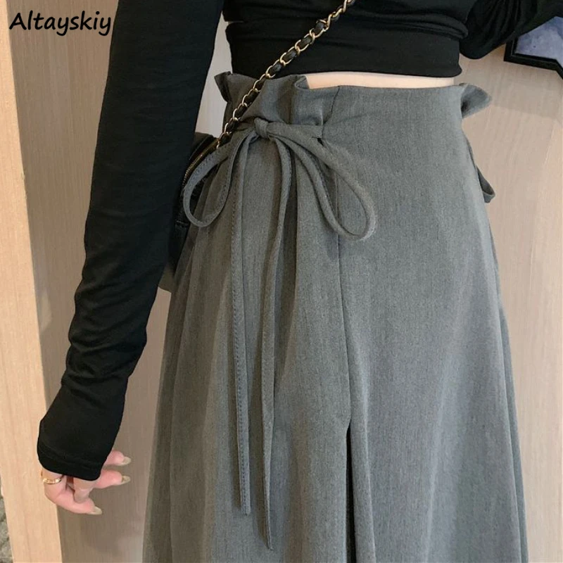 Spring Autumn Midi Skirts for Women Korean Fashion Lace-up Design Cute High Waist Y2k College Street A-line Skirt Chic All-match