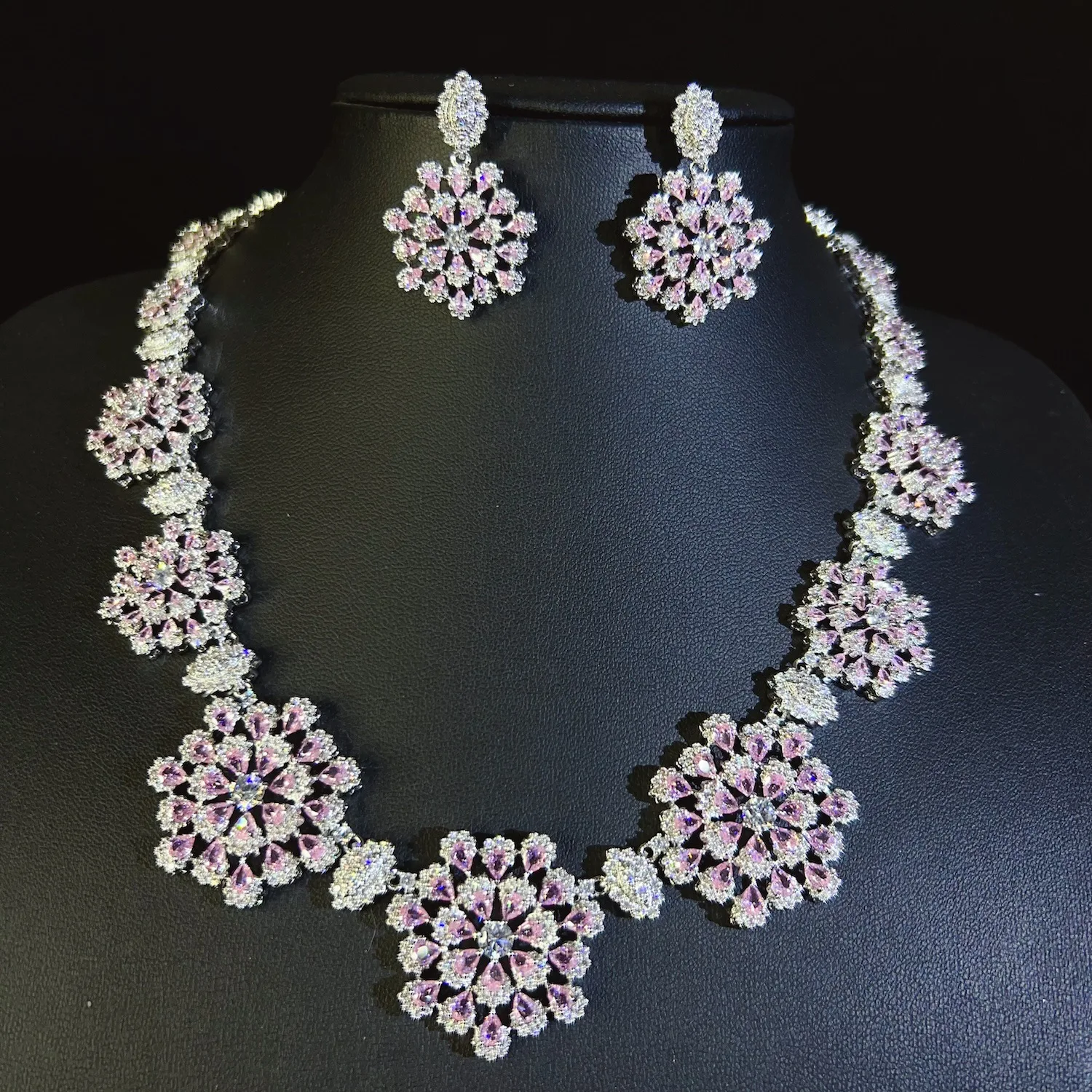 Elegant Purple Floral Necklace & Earrings Set Colorful Zircon Party Wedding Women’s Accessory