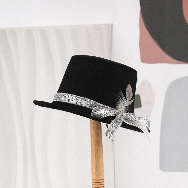 Self-illuminating sequin ribbon evening hat with mesh and feathers, new autumn/winter style