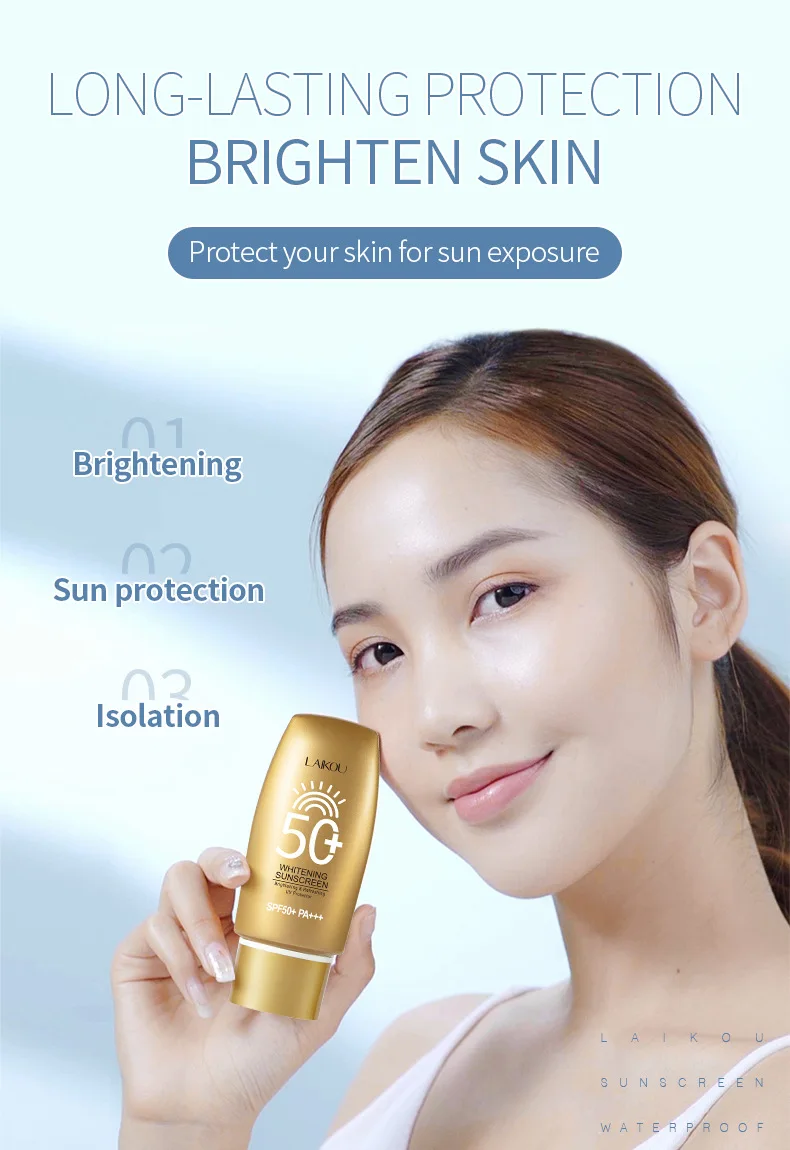 Laikou ครีมกันแดดไวท์เทนนิ่ง SPF50 + ป้องกันรังสียูวีครีมกันแดดที่หน้าจอให้ความชุ่มชื้นสดใสร่างกายต้นขาแขนร่างกายดูแลผิว