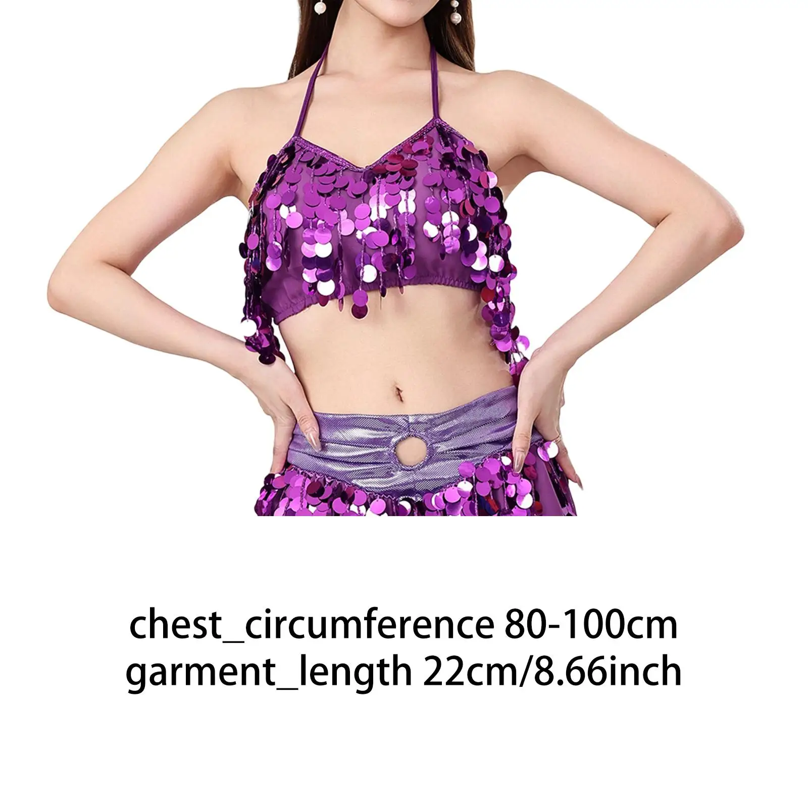 Top curto com borla para dança do ventre, sutiã feminino com glitter, gola halter, camisola sem costas