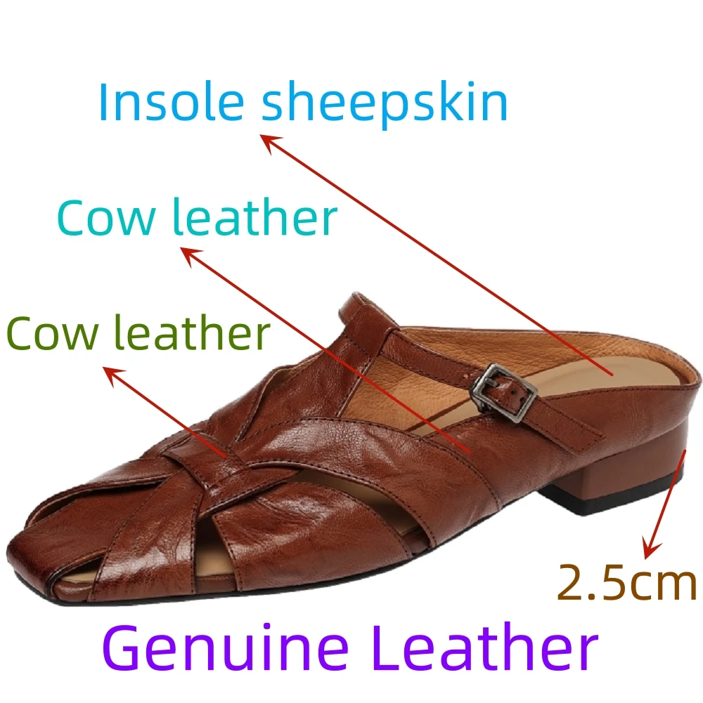 【JOCHEBED HU】Handmade Genuine Leather Soft comfortable Retro Women's Sandals Hollow out Head Cover Half Slippers Summer 34-40