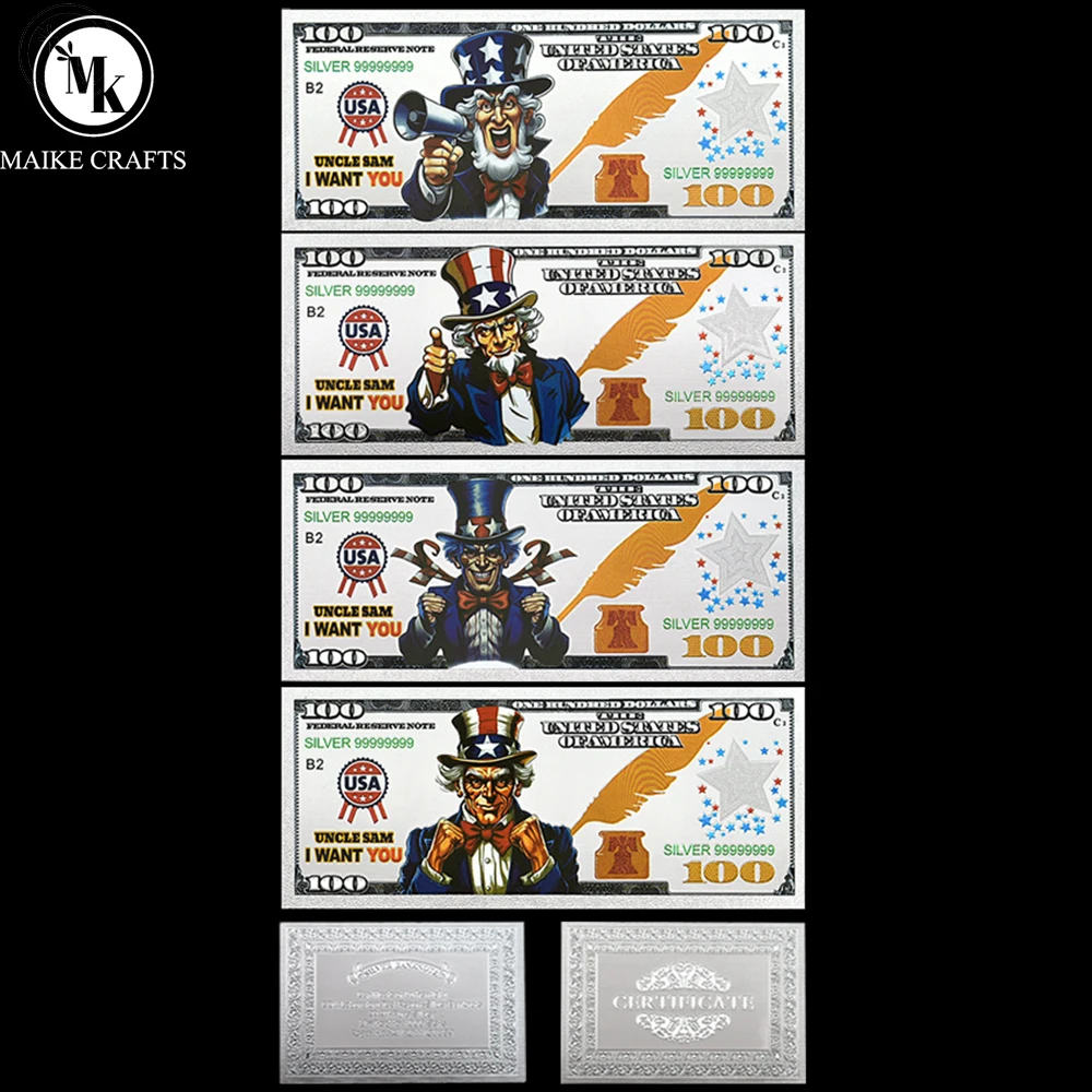 

America Uncle Sam, I Want You Silvery Banknote, 100 Dollar Plastic Money Collectibles Commemorative Bills Gifts