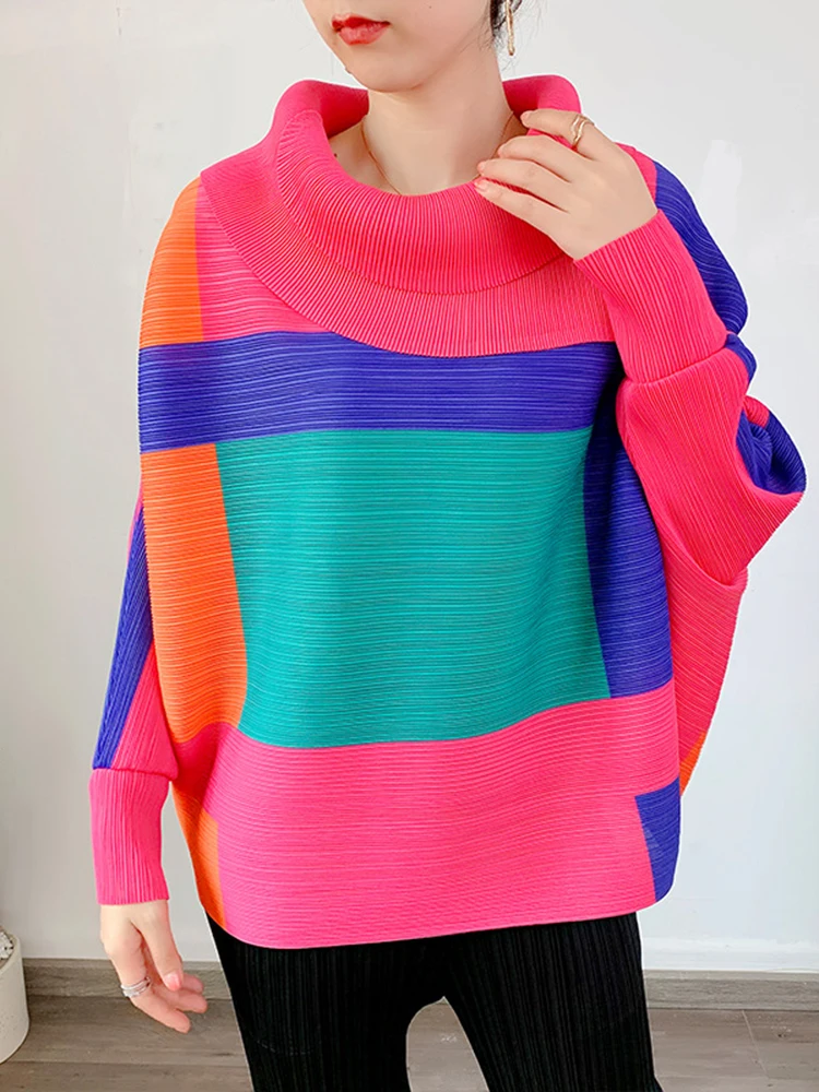 LANMREM 2024 Fashion New Pleated T-shirt For Women Laple Long Sleeves Loose Tops Color Block Female Clothing Spring 2YA771