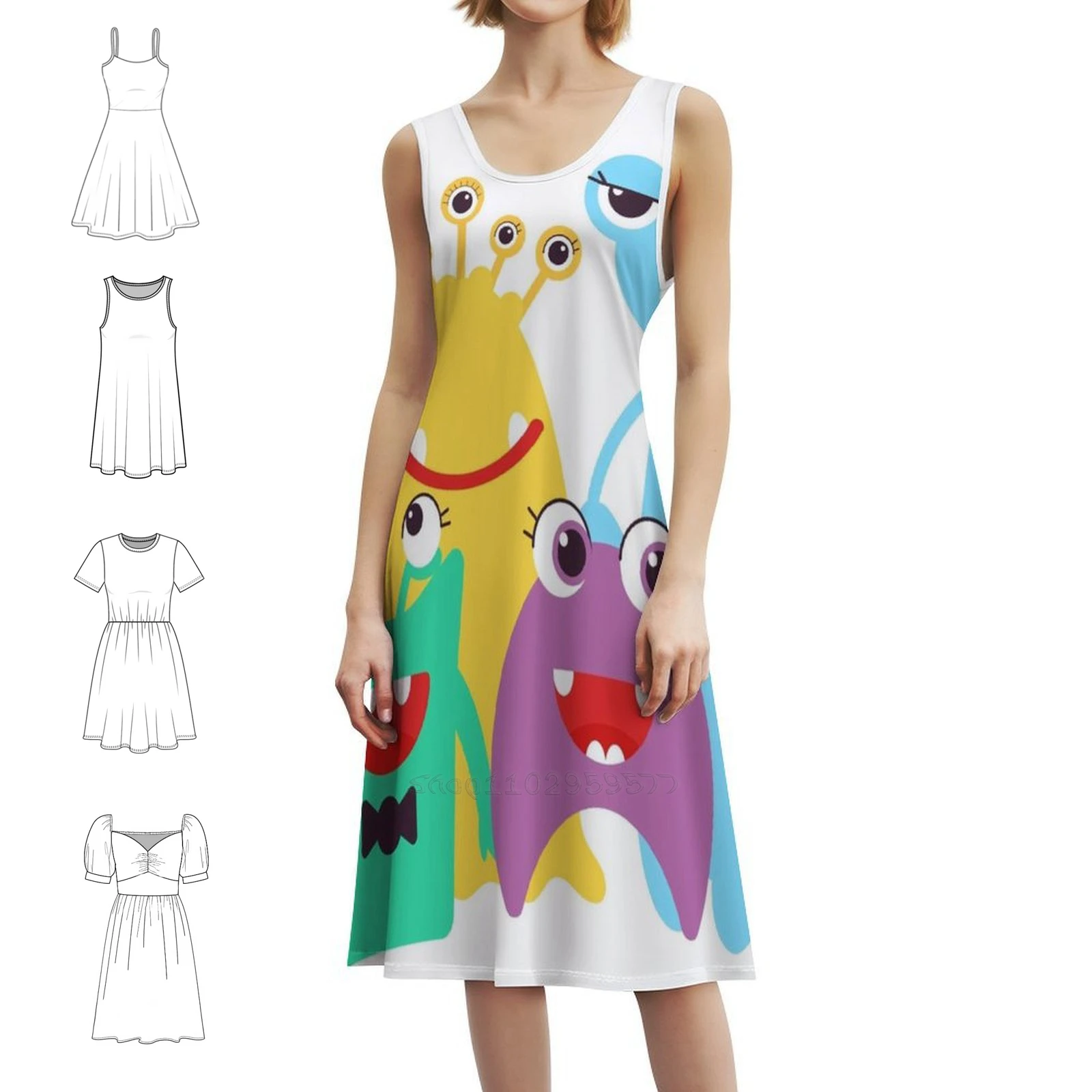 

Monster Vintage Bohemian Dress Puff Sleeve Or Sleeveless Options For Women Dress Monster Pattern Color Monster Monster Womens