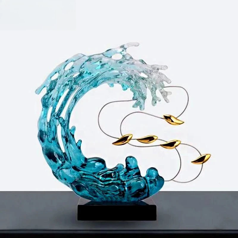 Modern light luxury fish wave sculpture, abstract resin transparent sculpture