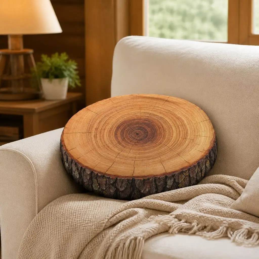 Tree Stump Throw Pillow Rustic Wood Slice Cushion Bark Texture Irregular Stuffed Woodland Cabin Lodge Home Accent Decor Gift