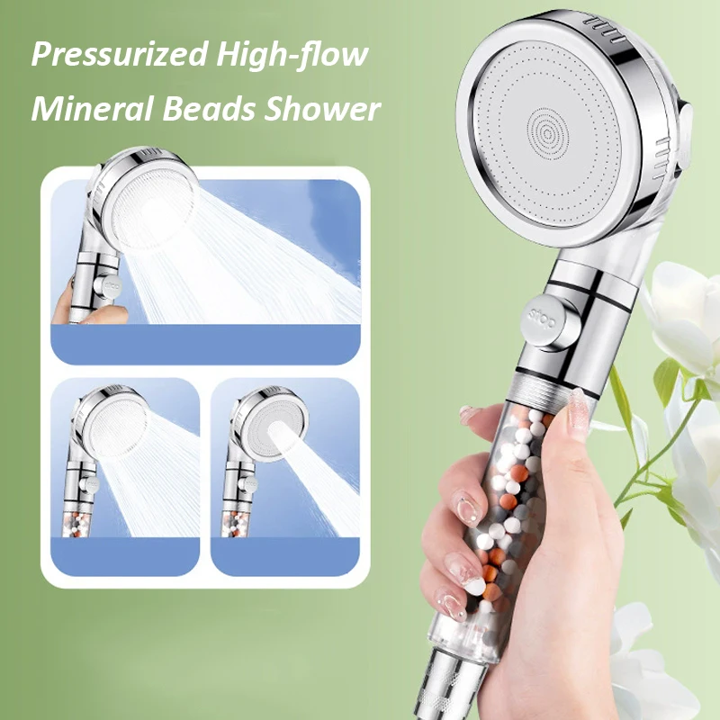 Anion Beads Supercharge Bathroom Shower Head One Key Stop Water 3 Modes Adjustable Spa Showerhead High Pressure Spray Nozzles