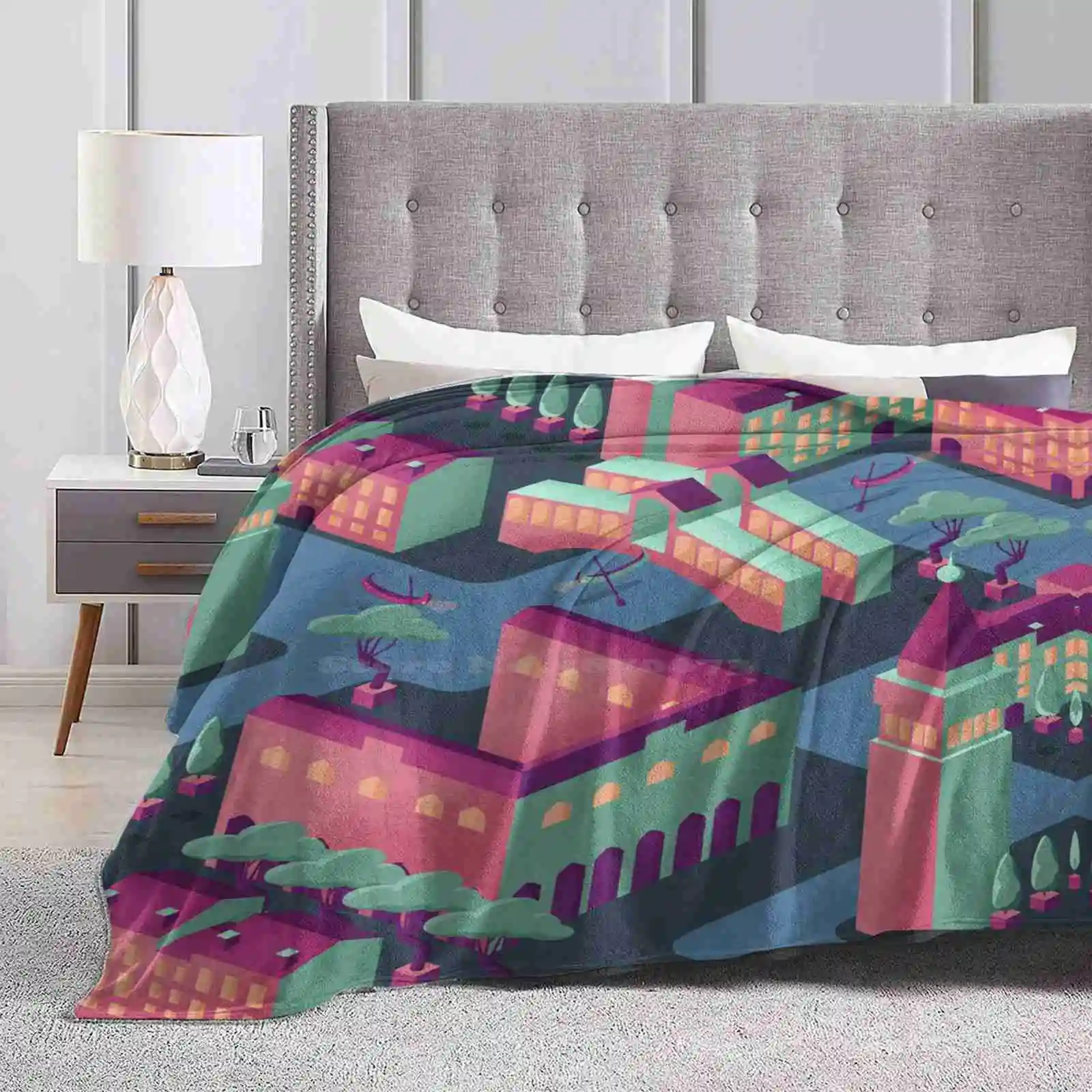 Isometric Future Venice In Pink And Green Trend Style Funny Fashion Soft Throw Blanket Futuristic Italy Isometric Future Of A