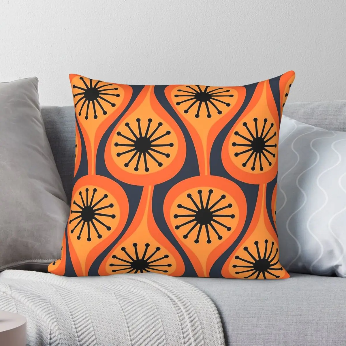 Atomic Drops Navy Blue Orange Pillowcase Polyester Linen Velvet Printed Zip Decorative Car Cushion Cover Wholesale