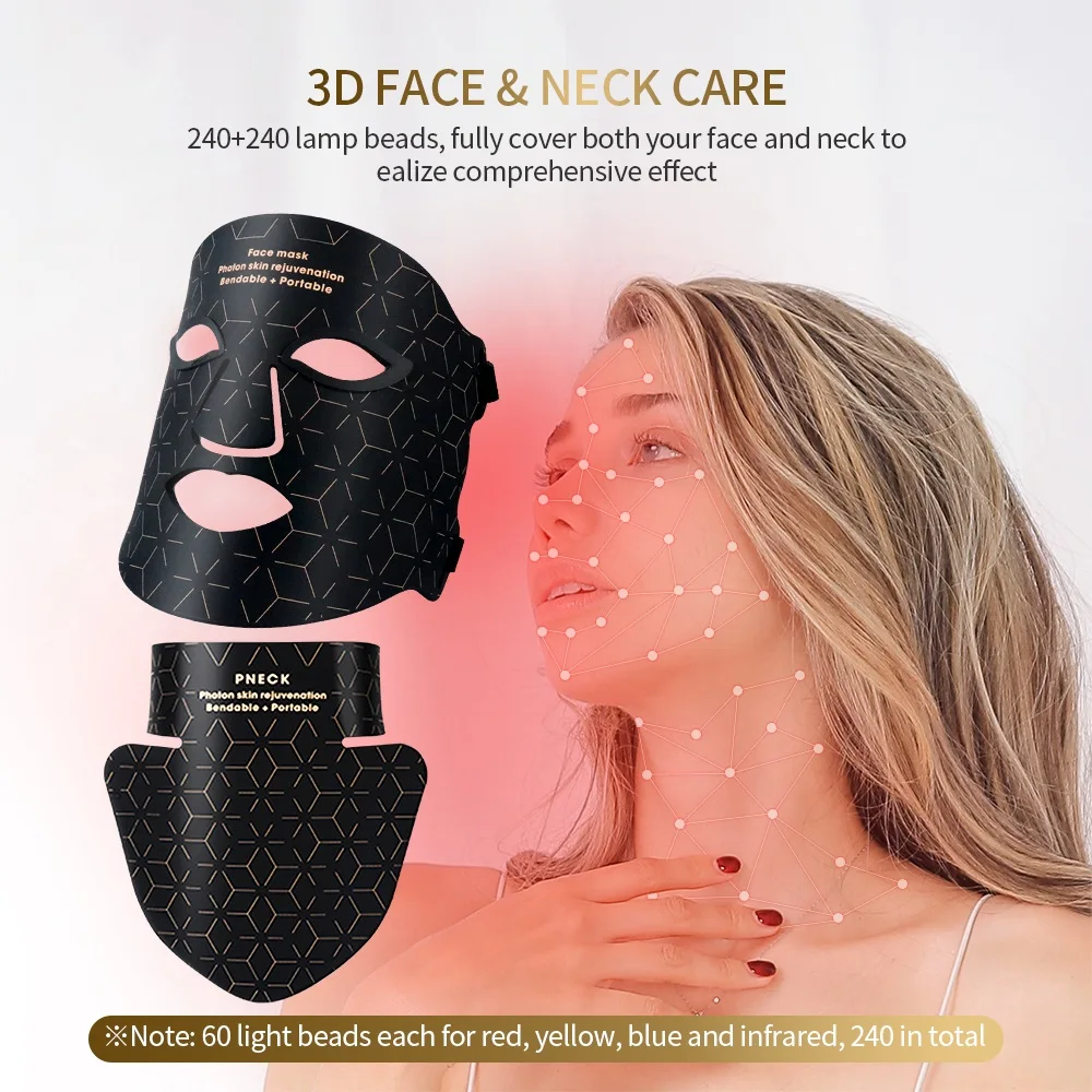 Wireless 3D Silicone LED Face Neck Mask with 480 Lamp Beads Infrared Light Photon Mask Skin Rejuvenation Anti-Ance Shrink Pores