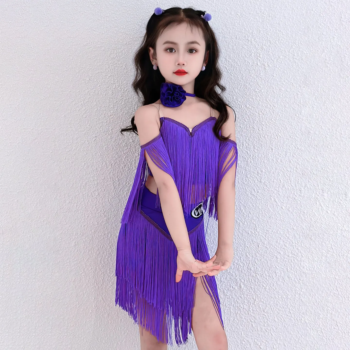 紫色のフリンジスーツ女の子ラテンダンスタッセル服子供チャチャラテンダンスパフォーマンス衣装ステージ着用 SL13279