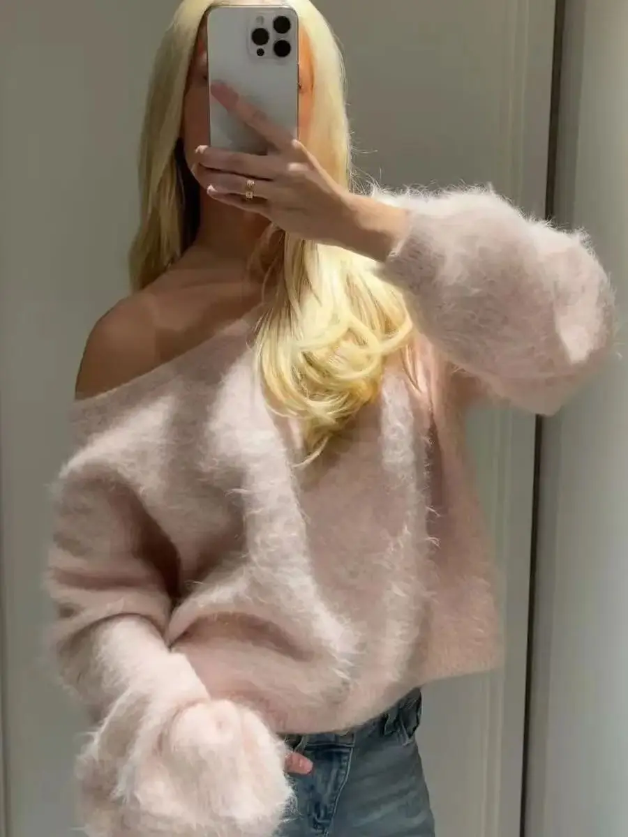 

Zevity Women Fashion Off Shoulder Soft Touch Knitting Sweater Female French Chic Asymmetrical Casual Pullovers Coat Tops SW9423